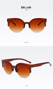 Detailed views of brown cat eye sunglasses featuring gradient lenses and vintage semi-rimless frame