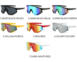 Detailed comparison of 7 sport cycling sunglasses showing various frame colors and lenses
