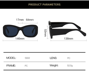 Detailed size specifications for modern black square frame PC sunglasses with dimensions