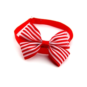Detail of red and white striped pet bow tie with adjustable strap and golden bell