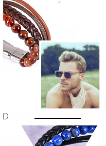 Detail of layered leather bracelet with natural tiger eye stone and magnetic clasp