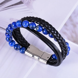 Detail view of multi-layer leather bracelet with blue agate beads and magnetic metal clasp