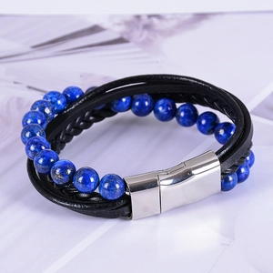 Multi-layer men's leather bracelet with natural blue agate beads and magnetic steel clasp