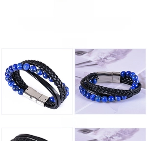 Detail view of multi-layer leather bracelets with lapis lazuli and magnetic clasp