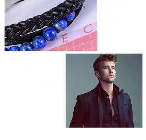 Macro detail of natural lapis lazuli beads and black braided leather bracelet for men
