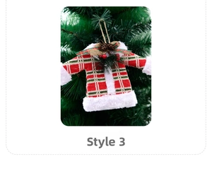 Miniature red and green plaid shirt ornament with pinecone and white fur trim on Xmas tree