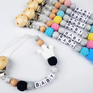 Handmade baby pacifier clip with crochet beads, silicone marble beads and wooden clip