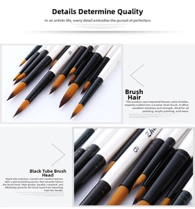 Detail showing two-tone nylon bristles and black rust-proof metal ferrule of art brushes