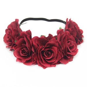 Artificial Rose Flower Garland Headband Fabric Satin Elastic Hair Band For Wedding Party Festival Carnival Boho Style