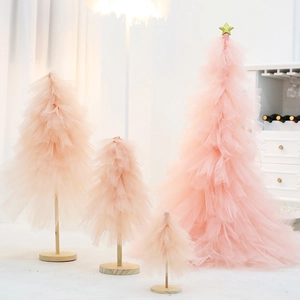 Pink tulle Christmas tree set with wooden bases and gold star for modern tabletop decor