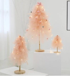 Three pink mesh Christmas trees with LED lights and wooden base for desk decoration