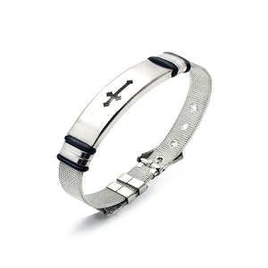 Detail of silver stainless steel mesh bracelet with black cross engraving and adjustable buckle