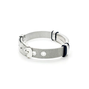 Close-up of silver mesh titanium steel men's bracelet with buckle and black accents