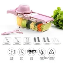 Macro detail of pink vegetable slicer set with sharp blades and food-grade ABS storage container