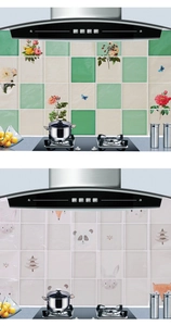 Vista dettagliata di adesivi da cucina resistenti al calore con motivi floreali e di animali