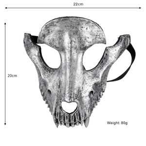 3D sheep skull cosplay mask with vintage silver finish and size dimensions in centimeters