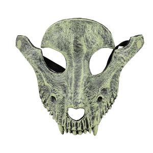 Detailed close-up of 3D sheep skull mask featuring aged bone texture and elastic strap