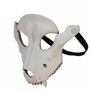 Detail view of 3D sheep skull mask featuring bone white texture and elastic head strap