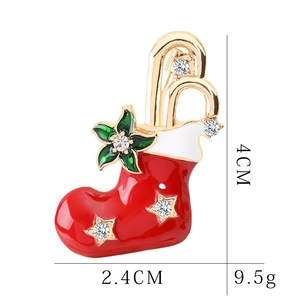 Cartoon red Christmas stocking brooch with rhinestones, 4cm x 2.4cm, 9.5g weight info