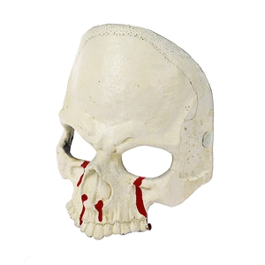 Detail of skull mask featuring realistic bone texture and red blood drip effects