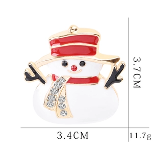 Detailed view of enamel snowman brooch with rhinestones showing dimensions 3.7x3.4cm