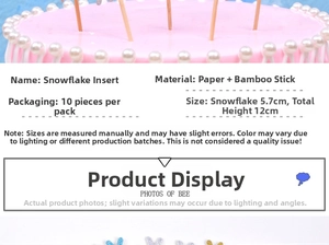 Vue détaillée des pics à gâteaux flocon de neige pailletés avec dimensions précises