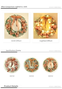 Detail showing various sizes of rose gold Christmas wreaths with warm LED lights