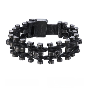 Industrial punk bracelet featuring stainless steel skull charms and black braided cord