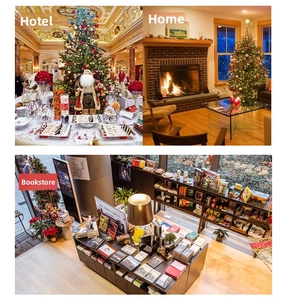 Multiple scenes showing decorative Christmas flame lanterns in hotels, homes and bookstores