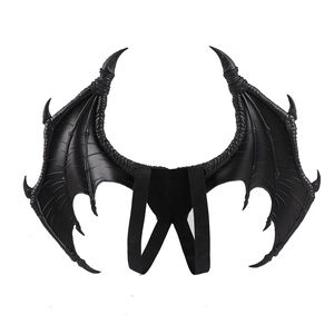 Detail of 3D textured black dragon wings with elastic straps for kids costume