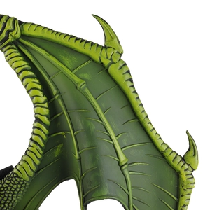 Close-up of green dragon wings costume with realistic skin texture and bone structure