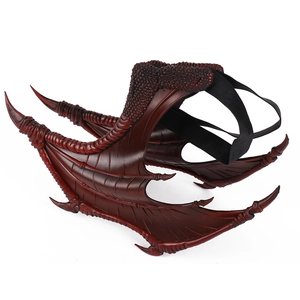 Detail of dark red dragon wings costume with realistic scale texture and elastic straps