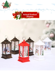 Close-up of decorative Christmas lanterns with festive illustrations and hanging rings