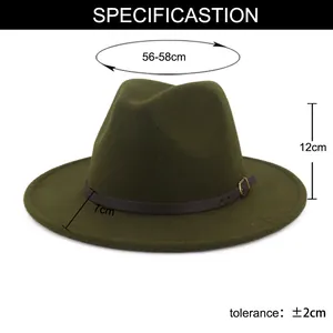 Size guide for black wool fedora hat showing 56-58cm circumference and 7cm brim width