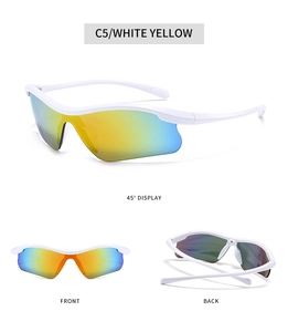 Three-way view of white sports sunglasses with yellow and blue mirrored lenses