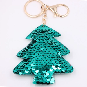 Sparkling green sequin Christmas tree keychain with gold metal clasp and ring