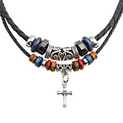 Detail of double-layer woven leather necklace with colorful wood beads and silver cross