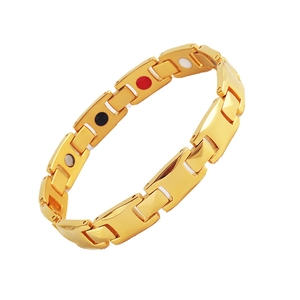 Men's gold stainless steel magnetic therapy chain bracelet with red and black energy stones