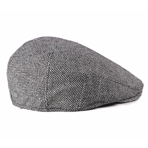 Men's classic grey herringbone newsboy flat cap with vintage textured wool blend fabric