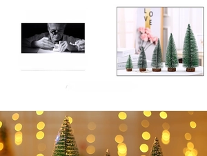Close-up of five miniature frosted sisal Christmas trees with natural wood bases