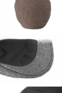 Detail showing herringbone weave texture and reinforced brim of this casual beret hat
