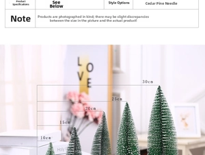 Detailed size chart for mini snow-dusted pine trees ranging from 10cm to 30cm height