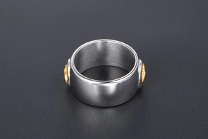Detail view of bicolor wide titanium steel ring with silver band and gold eagle inlay