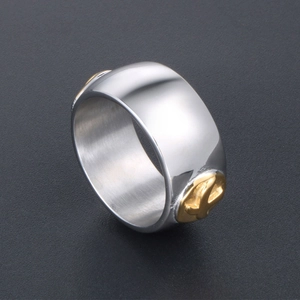 Polished titanium steel wide band ring with golden cross motifs for men