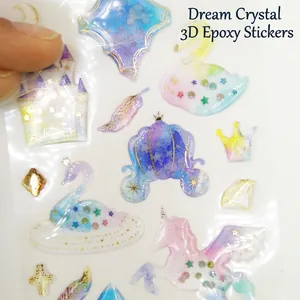 3D holographic crystal epoxy stickers with castle and unicorn patterns on white background