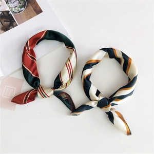 Silky vintage striped square scarves in red, green, and navy for neck or bag decoration