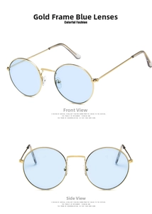 Detailed views of vintage round gold metal sunglasses with light blue ocean lenses
