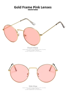 Detailed views of vintage round metal sunglasses with pink lenses and gold frame