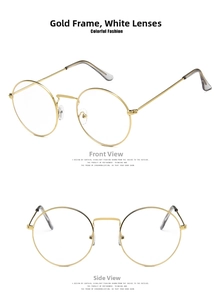 Detail view of retro gold round metal glasses frame with clear lenses from two angles