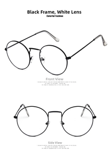 Detail view showing front and side profile of retro round black metal sunglasses frames
